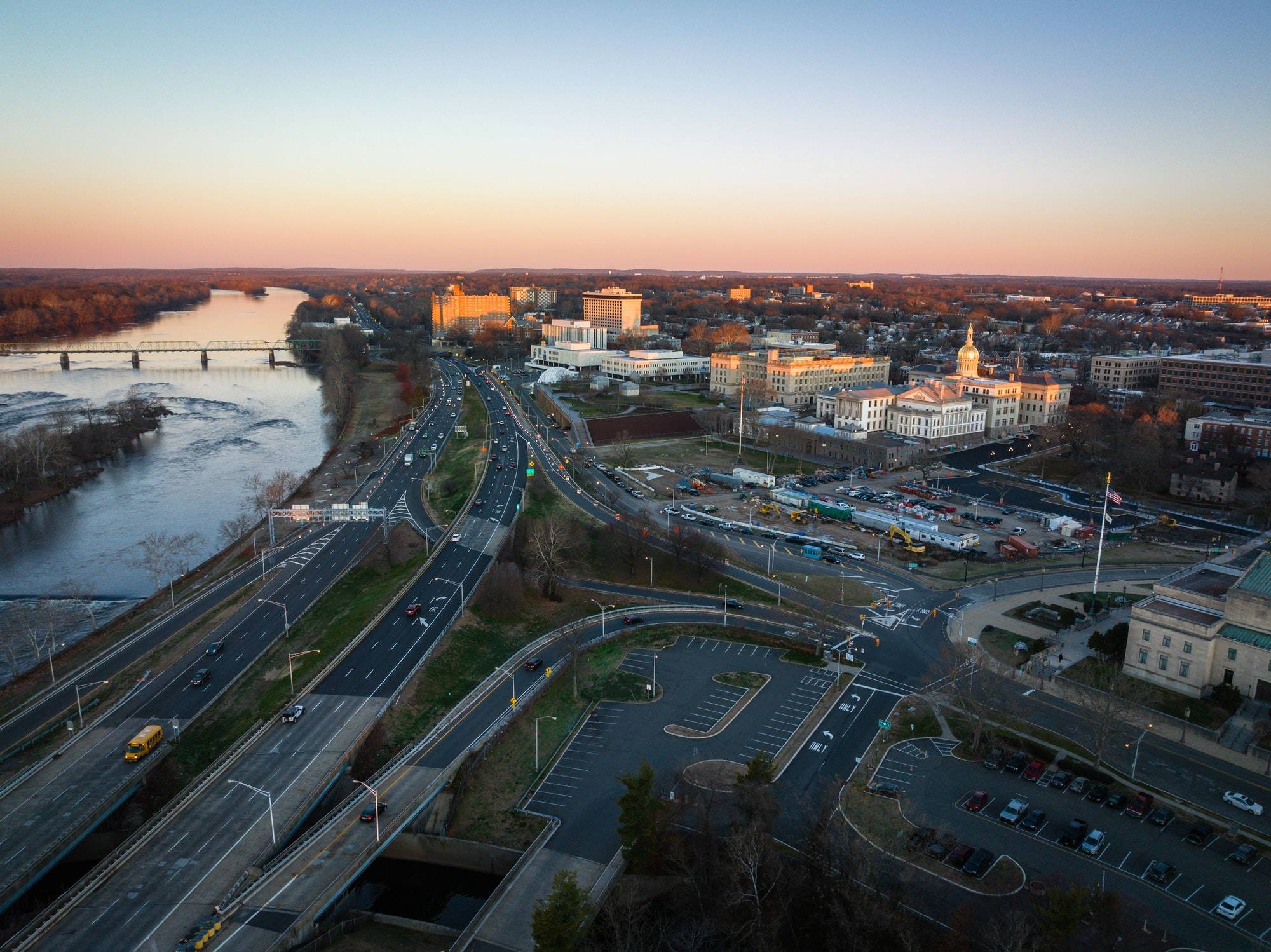 Aerial of the intersecting and paralleling highways in Trenton city, New Jersey near river Delaware