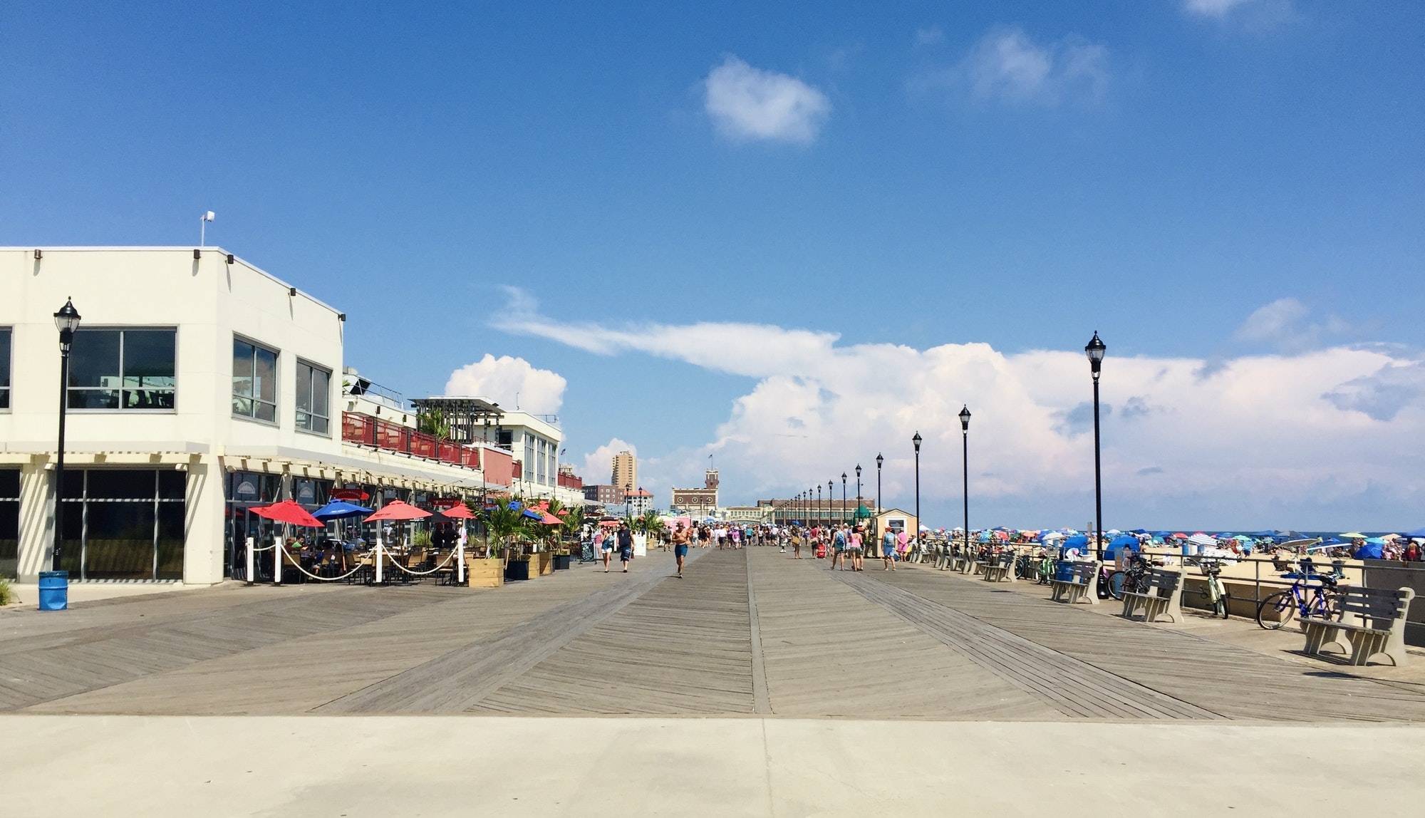 Boardwalk and restaurants along the beach in Asbury Park, New Jersey.