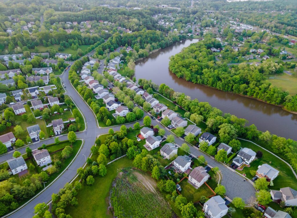 Aerial view over showing neighborhood family private houses NJ USA